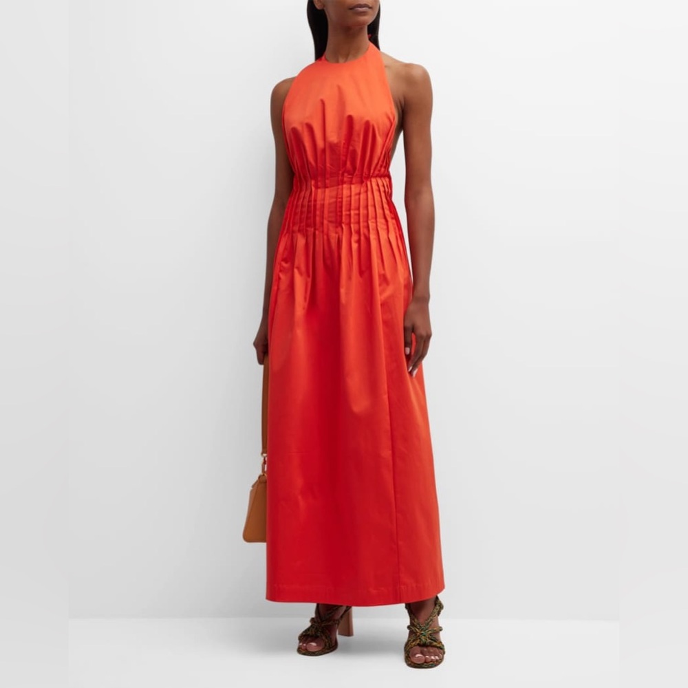 BONDI BORN Vibrant Coral Red Pampelonne Sleveledd Plated Maxi Dress NWT